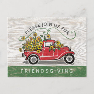 Cartão Postal De Convite Janto de Amizade Vintage Red Truck Girassóis