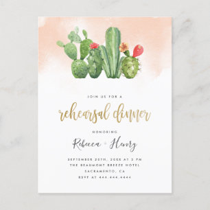 Cartão Postal De Convite Janto de ensaio de Aquarela Rosa e Cactus