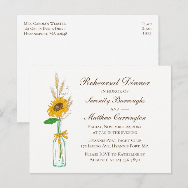Cartão Postal De Convite Janto de Ensaio de Casamento de Sunflower Country (Frente/Verso)