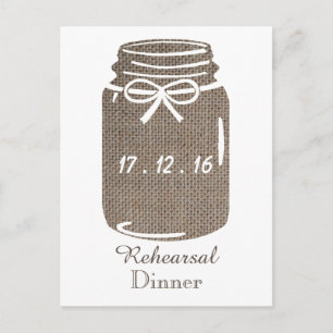 Cartão Postal De Convite Janto de Ensaio Rustic Burlap Mason Jar