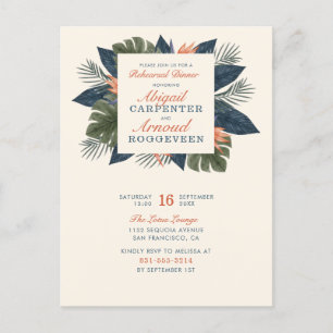 Cartão Postal De Convite Janto de ensaio único de folhas tropicais azuis ch