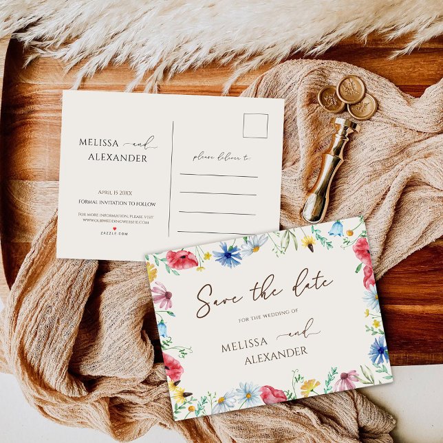 Cartão Postal De Convite Jardim de Flores Silvestres Bege Salve a Data  (Criador carregado)