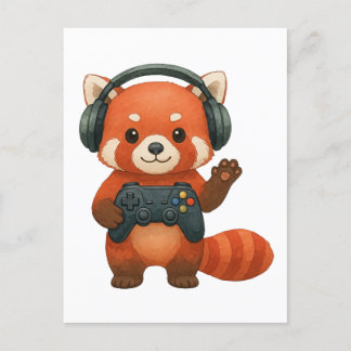Cartão Postal De Convite Jogador Red Panda, Controladora de jogos e Fones d