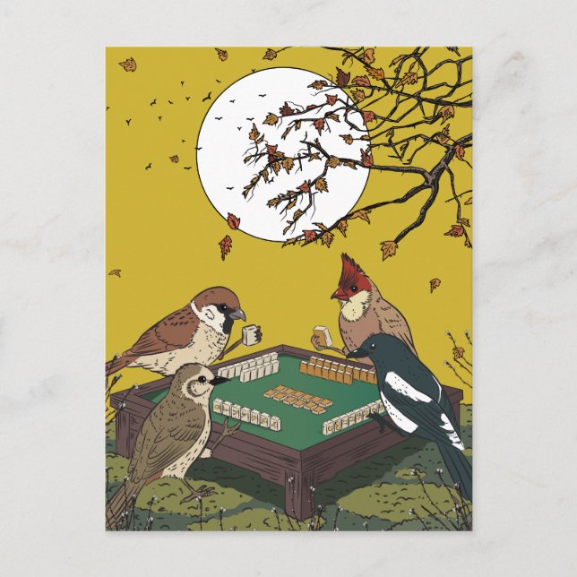 Cartão Postal De Convite Jogo de pássaros jogando Mahjong  (Frente)