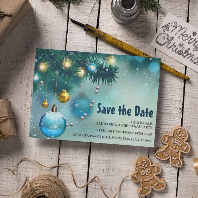 Cartão Postal De Convite Jolly Blue & Gold Natal Salve a Data (Criador carregado)