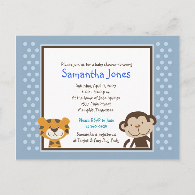 Cartão Postal De Convite Jungle Tales Safari Blue Chá de fraldas Invitation (Frente)