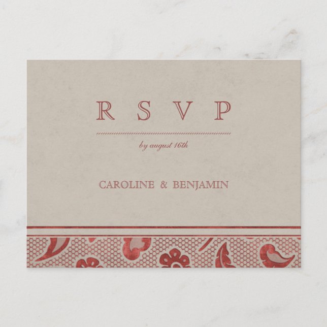Cartão Postal De Convite Kraft red Lace Rusch Country Casamento RSVP (Frente)