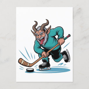 Cartão Postal De Convite Krampus Malvado Jogando Hóquei no Gelo Esporte de 