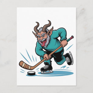 Cartão Postal De Convite Krampus Malvado Jogando Hóquei no Gelo Esporte de