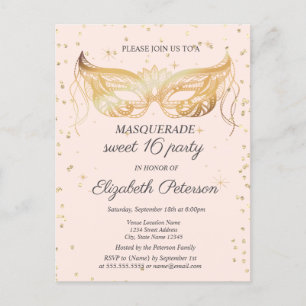 Cartão Postal De Convite Lace Masque Dourados Diamantes Sweet 16