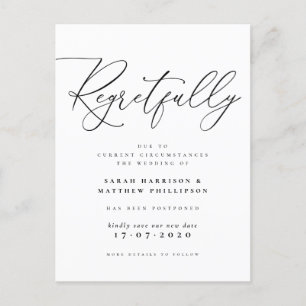 Cartão Postal De Convite Lamentavelmente Casamento de Preto & Branco Adiado