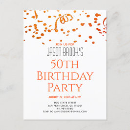 Cartão Postal De Convite Laranja Dourada, Confetti Branco 50º Aniversário