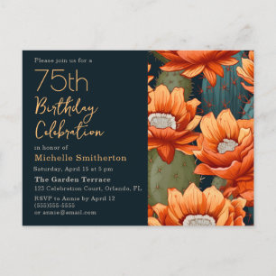 Cartão Postal De Convite Laranja Floral Verde Cacto Azul Marinho 75º Aniver
