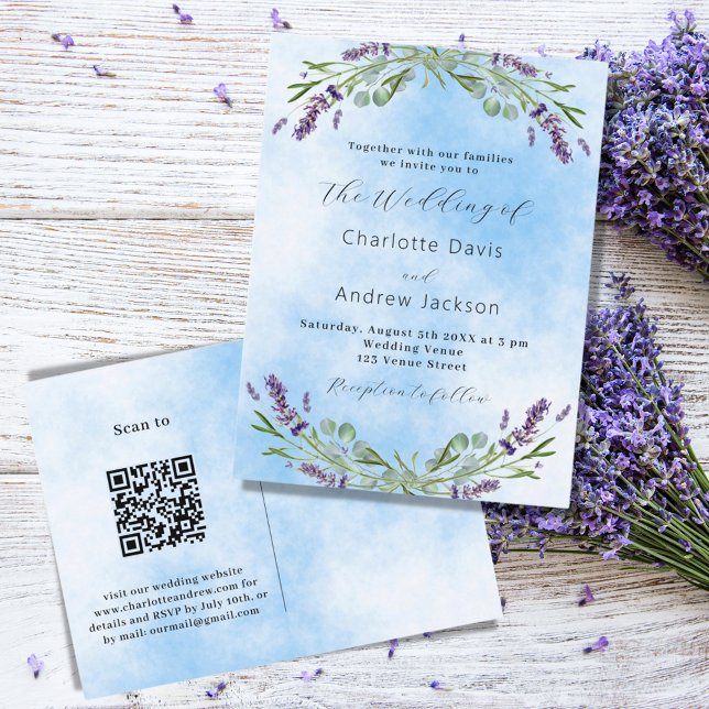 Cartão Postal De Convite Lavanda azul verde código QR casamento (Criador carregado)
