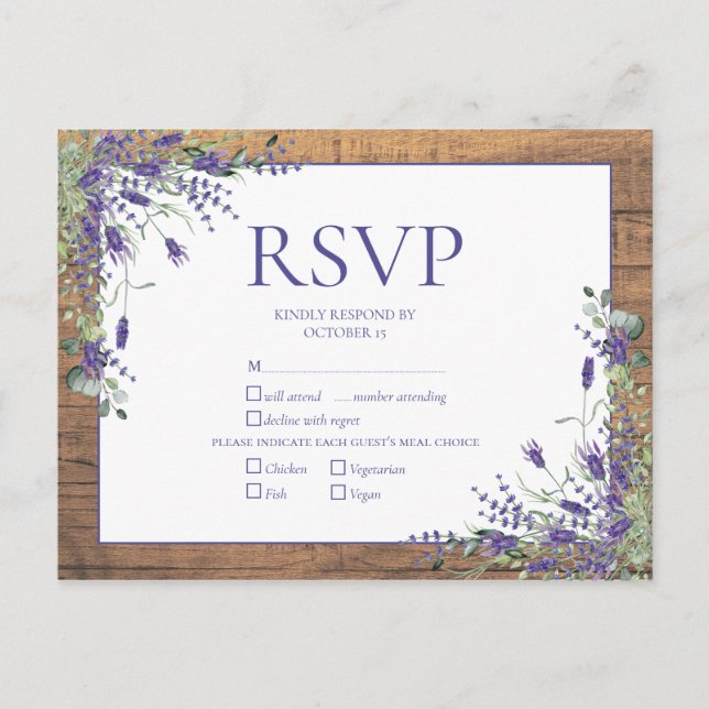 Cartão Postal De Convite Lavanda Eucalyptus Botanical Wood Weding RSVP (Frente)