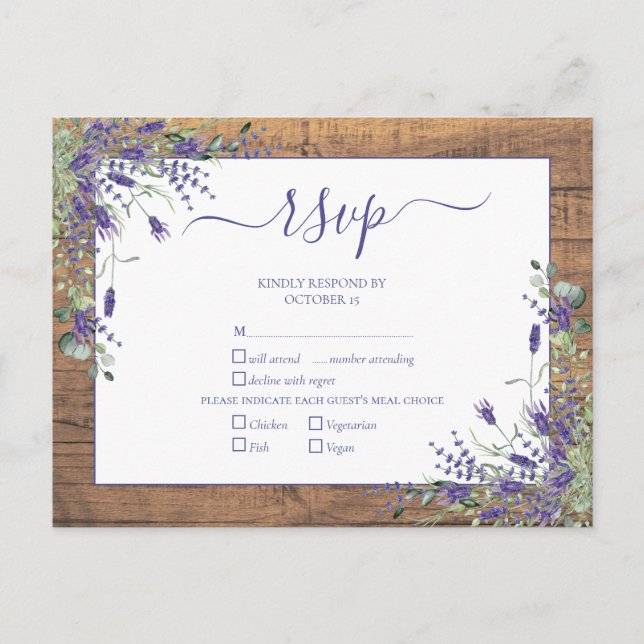 Cartão Postal De Convite Lavanda Eucalyptus Script Wood Wedding RSVP (Frente)
