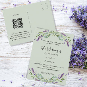 Cartão Postal De Convite Lavanda floral verde sábio verde casamento QR