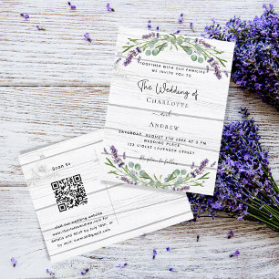 Cartão Postal De Convite Lavanda verde madeira branca Código QR casamento