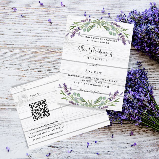 Cartão Postal De Convite Lavanda verde madeira branca Código QR casamento (Criador carregado)