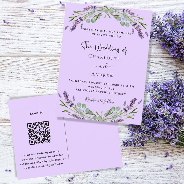 Cartão Postal De Convite Lavanda violeta floral verde floral casamento com  (Criador carregado)