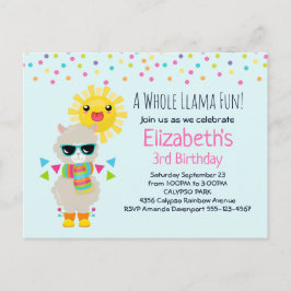 Cartão Postal De Convite Legal Llama e sorrindo Kawaii Sun Aniversário