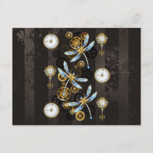 Cartão Postal De Convite Libélulas Steampunk em fundo listrado marrom