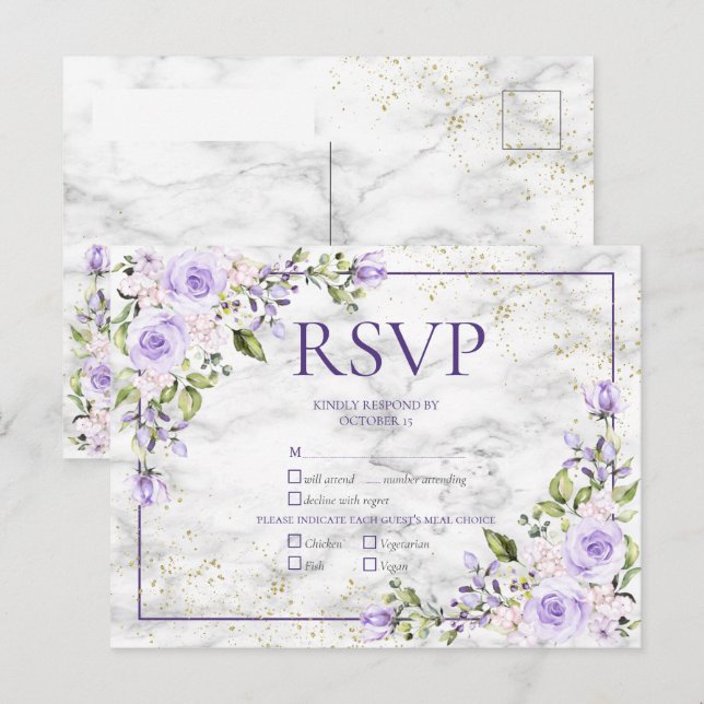 Cartão Postal De Convite Lilac Lavanda Dourada Marble Floral Weding RSVP (Frente/Verso)