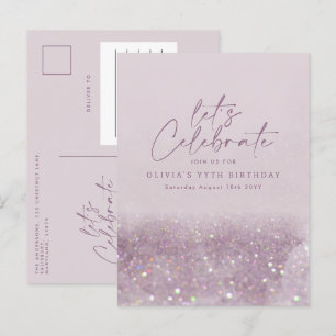 Cartão Postal De Convite Lilac roxo glitter elegante aniversário único