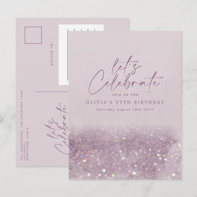 Cartão Postal De Convite Lilac roxo glitter elegante aniversário único (Frente/Verso)
