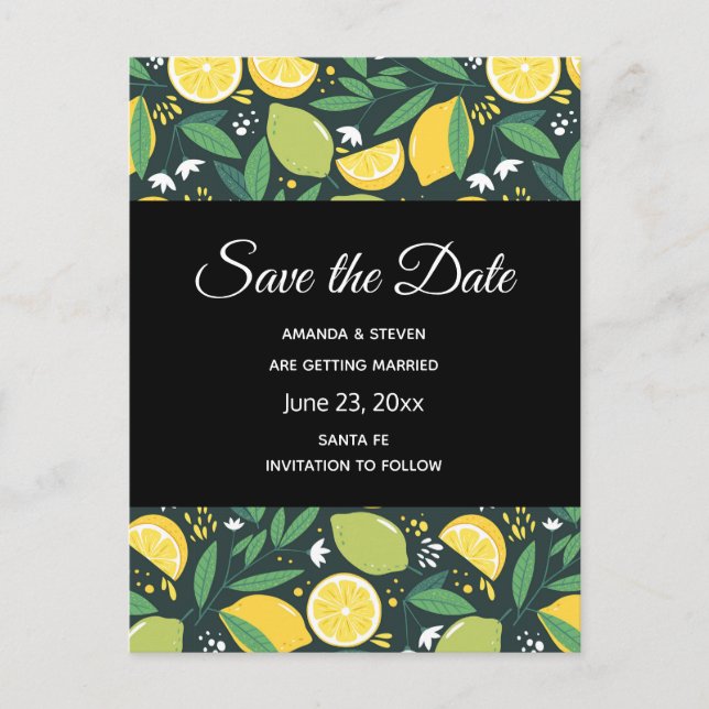 Cartão Postal De Convite Limão amarelo e padrão de Fruta Limão Salve a data (Frente)