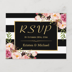 Cartão Postal De Convite Linda Floral Black White Stripes Casamento RSVP