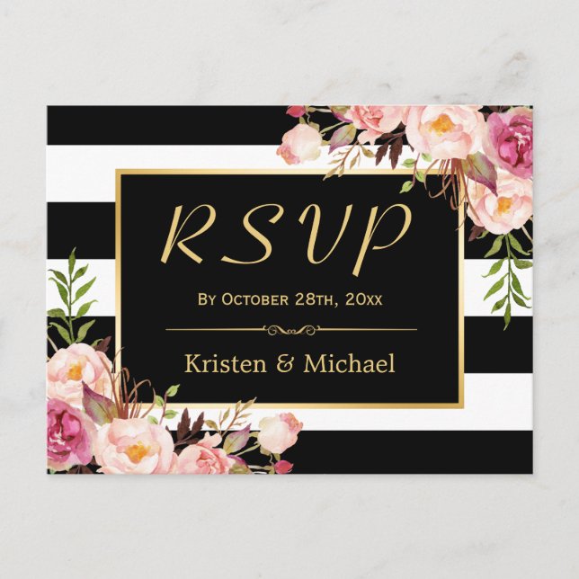 Cartão Postal De Convite Linda Floral Black White Stripes Casamento RSVP (Frente)