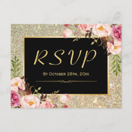 Cartão Postal De Convite Linda resposta RSVP Floral de Glitter Dourada