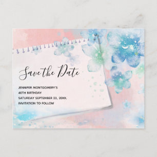 Cartão Postal De Convite Lindas Flores Azuis em Save the Date Rosa