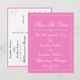 Cartão Postal De Convite Lindo Casamento Rosa Branco Script 'Save The Date'