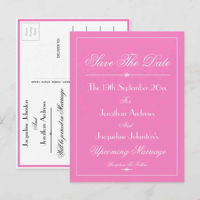 Cartão Postal De Convite Lindo Casamento Rosa Branco Script 'Save The Date' (Frente/Verso)