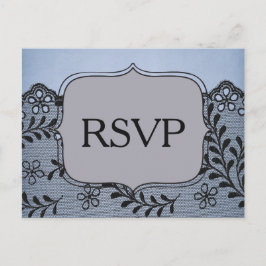 Cartão Postal De Convite Lindo RSVP de Renda Falsa Azul e Preta
