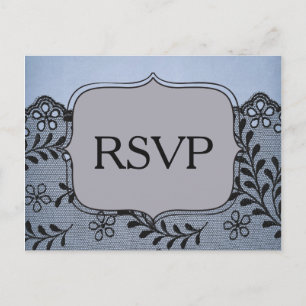 Cartão Postal De Convite Lindo RSVP de Renda Falsa Azul e Preta