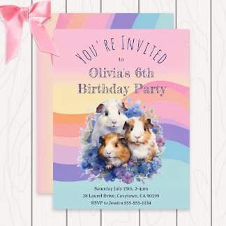 Cartão Postal De Convite Lindos Porquinhos-da-Índia em Aquarela Festa de An