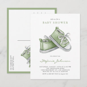 Cartão Postal De Convite Lindos sapatinhos de bebê em aquarela verde Chamad