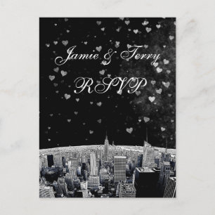 Cartão Postal De Convite Linha do Skyline NYC nº 2 Black White Heart RSVP 1