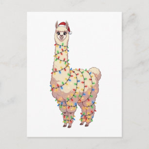 Cartão Postal De Convite Llama Chapéu de Papai Noel Luzes de Natal Llamamas