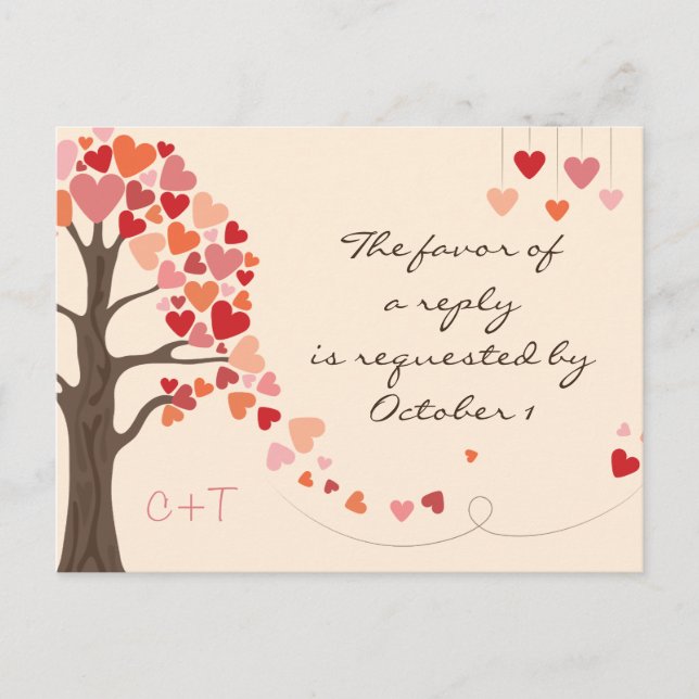 Cartão Postal De Convite Love Tree Hearts Wedding rsvp (Frente)