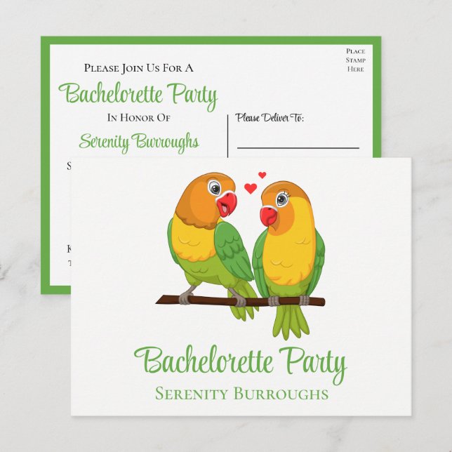 Cartão Postal De Convite Lovebird Yellow Green Love Birds Bachelorette (Frente/Verso)