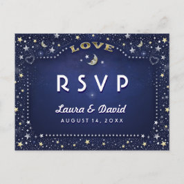 Cartão Postal De Convite Lua e estrelas Marinho Azul, Dourado, Branca, RSVP