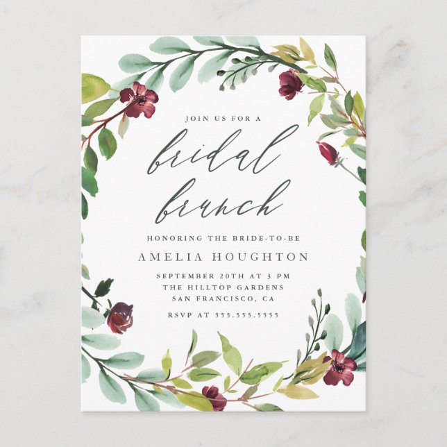 Cartão Postal De Convite Lush Foliage Wreath Handwrite Bridal Brunch (Frente)