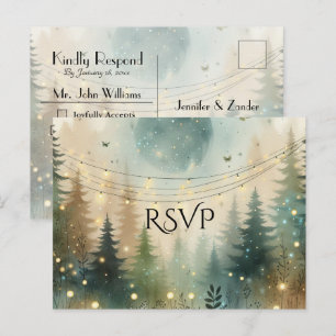 Cartão Postal De Convite Luzes de Fadas de Casamento na Floresta de Pinheir