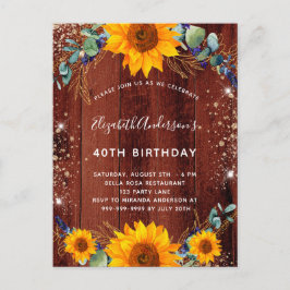Cartão Postal De Convite Madeira marrom-russa de girassol de aniversário