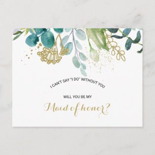 Cartão Postal De Convite Madrinha de casamento Eucalipto verde e Dourada