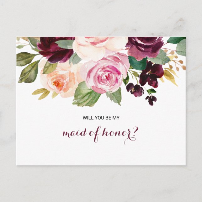 Cartão Postal De Convite Madrinha de casamento Floral Verde Blush Burgundy (Frente)
